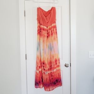 Tie Dye Orange Strapless Maxi Dress